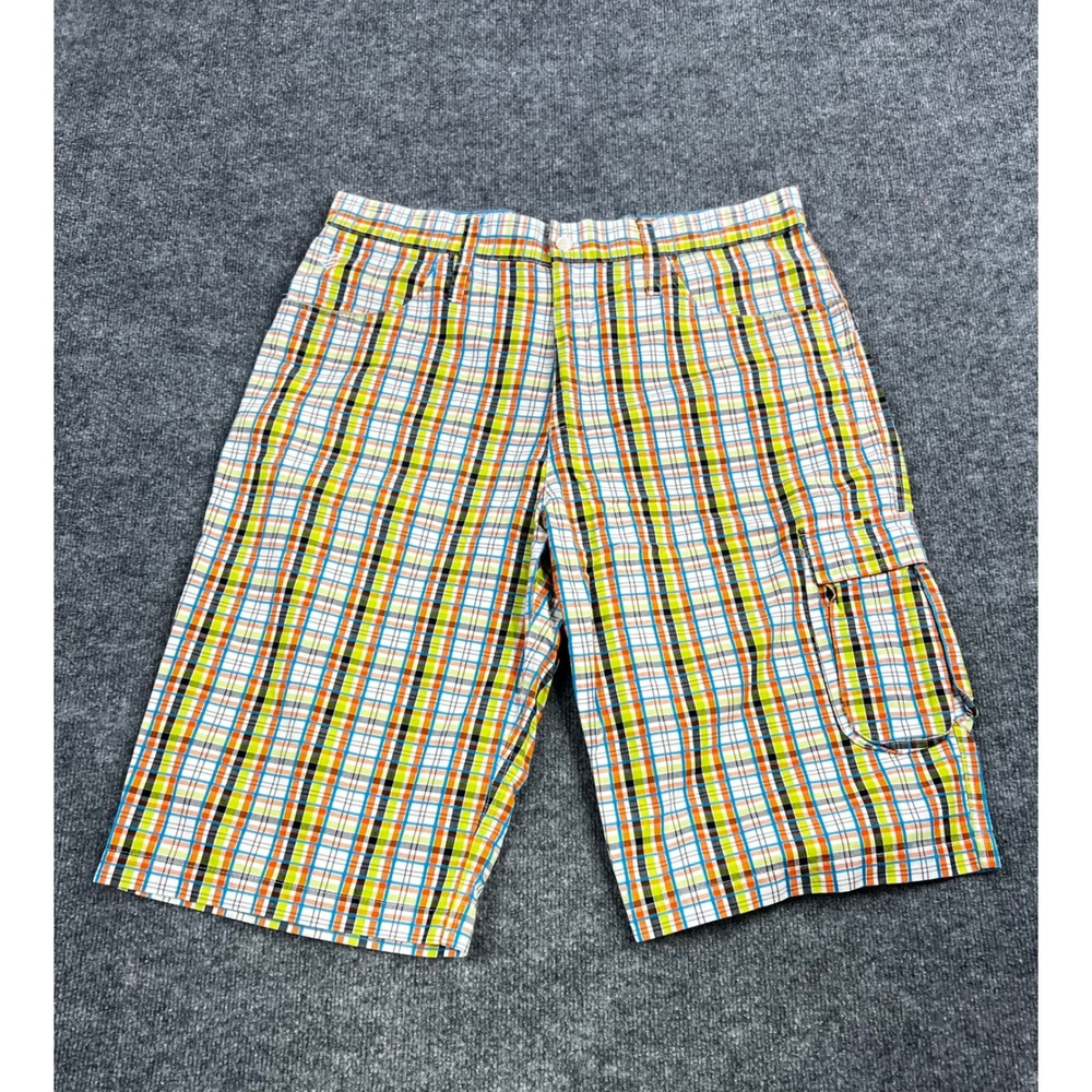 Rocawear Multi Color Plaid Cargo Shorts Mens 34 Orange Green Blue Check Utility